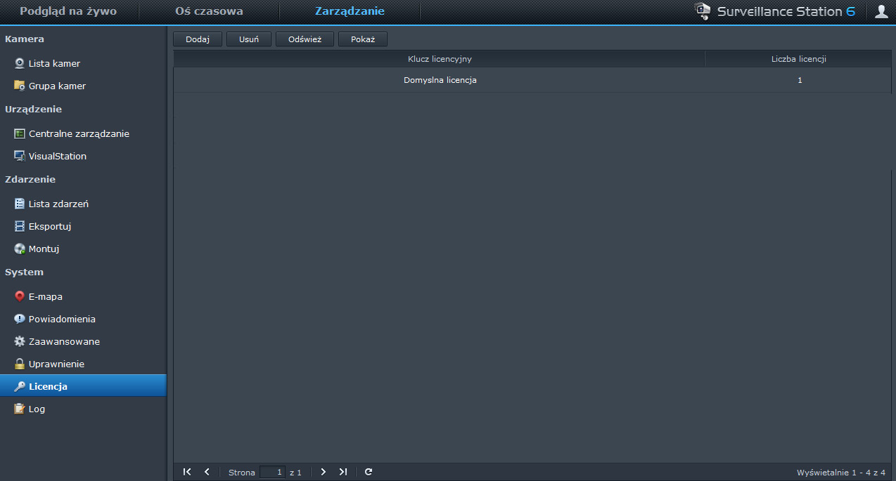 Synology DiskStation Przewodnik użytkownika Instalowanie licencji kamery Aby zarządzać licencją kamery, przejdź do opcji System > Licencja w sekcji Zarządzanie.