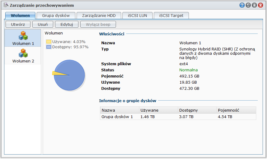 Synology DiskStation Przewodnik użytkownika Zarządzanie wolumenami i grupami dysków przy użyciu narzędzia Zarządzanie przechowywaniem Przejdź do opcji Menu główne > Zarządzanie przechowywaniem i