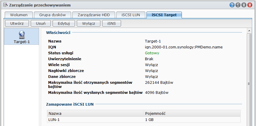 Synology DiskStation Przewodnik użytkownika Zarządzanie obiektami iscsi Target przy użyciu narzędzia Zarządzanie przechowywaniem Przejdź do opcji Menu główne > Zarządzanie przechowywaniem i kliknij