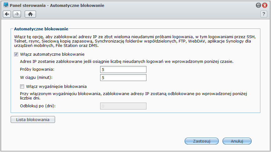 Synology DiskStation Przewodnik użytkownika Automatyczne blokowanie podejrzanych prób logowania Automatyczne blokowanie pozwala zapobiegać nieautoryzowanemu logowaniu.