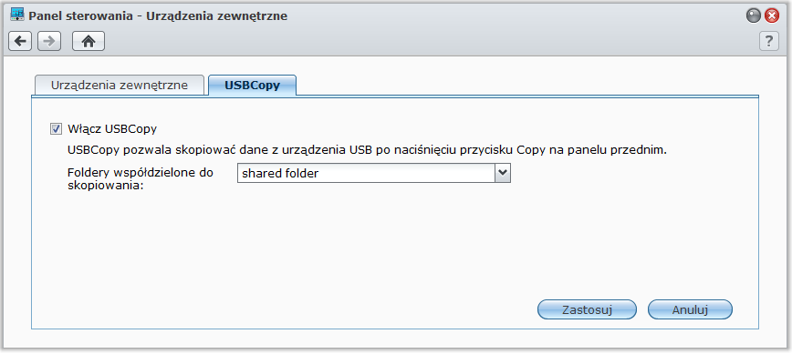 Synology DiskStation Przewodnik użytkownika Tworzenie kopii zapasowej danych w urządzeniu USB lub na karcie SD Card Możesz przejść do pozycji Menu główne > Panel sterowania > Urządzenia zewnętrzne,