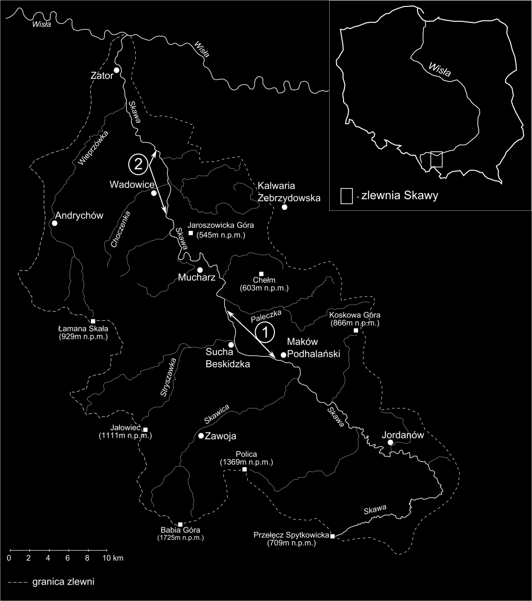 zamykający zlewnię górską o obszarze 835 km 2 (Dynowska i Maciejewski, 1991). Jako teren badań obrano dwa odcinki (Ryc. 1). Górny odcinek zlokalizowany jest w górskim biegu rzeki.