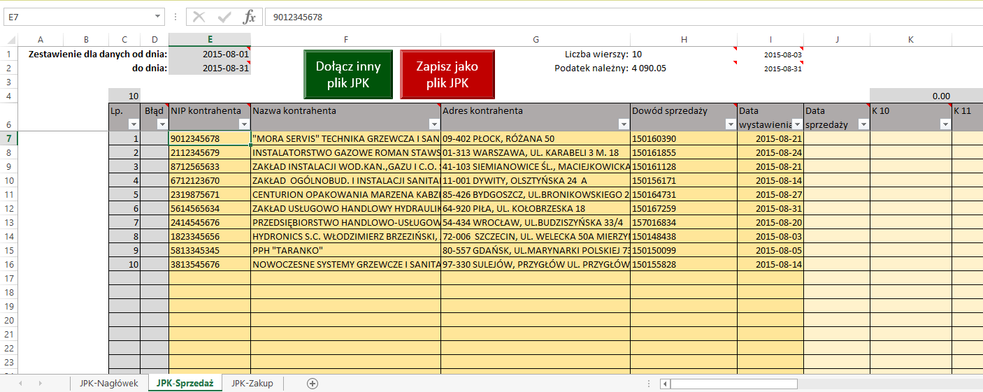 Proponowane rozwiązanie Proponujemy rozwiązanie polegające na użyciu dla każdego z 5 typów plików JPK wyspecjalizowanego skoroszytu MS Excel.