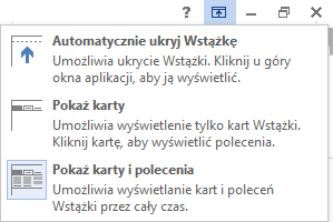 Wstążka została zoptymalizowana do wyświetlania w rozdzielczości wynoszącej min. 1024x786 pikseli (przy otwarciu okna programu na cały ekran komputera).