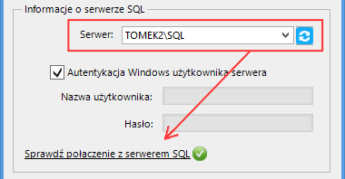 (rys. 7) Parametry połączenia do GT W zależności od konfiguracji serwera SQL możemy do zrealizowania połączenia zaznaczyć opcję Autentykacja Windows użytkownika serwera (Rys.