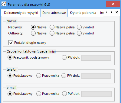 2.2.6 Parametry dla przesyłki GLS 2.2.6.1 Dokumenty do wysyłki W tej zakładce ustawiamy filtry dla dokumentów Subiekta GT na podstawie których można zrobić przesyłkę. (rys. 18) Dokumenty do wysyłki 2.