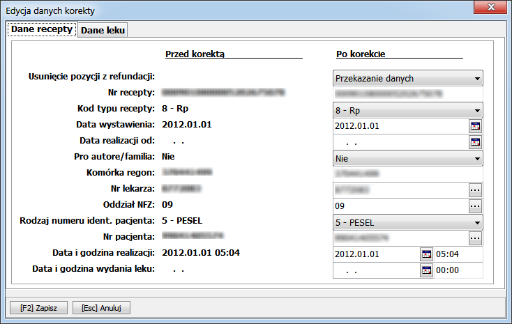 RYSUNEK 18. POPRAWA ZESTAWIENIA REFUNDACYJNEGO Na rysunkach 19 oraz 20 widzimy, jakie dane możemy poprawić w danej pozycji recepty.