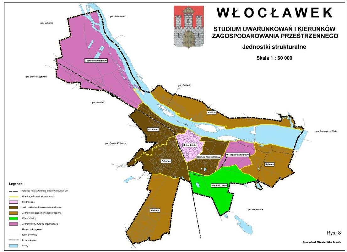 MIASTO WŁOCŁAWEK Podział miasta na jednostki strukturalne Źródło: Studium uwarunkowań i kierunków zagospodarowania przestrzennego miasta Włocławek z 2011 r.