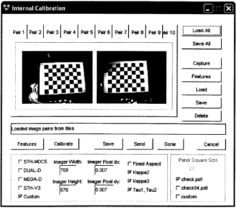 a) Uruchom okienko Internal Calibration (opcja Calibrate z menu głównego) b) Ustaw parametry pracy programu dostosowane do dostępnego sprzętu (Custom, Imager Width = 768, Imager Height = 576, Imager