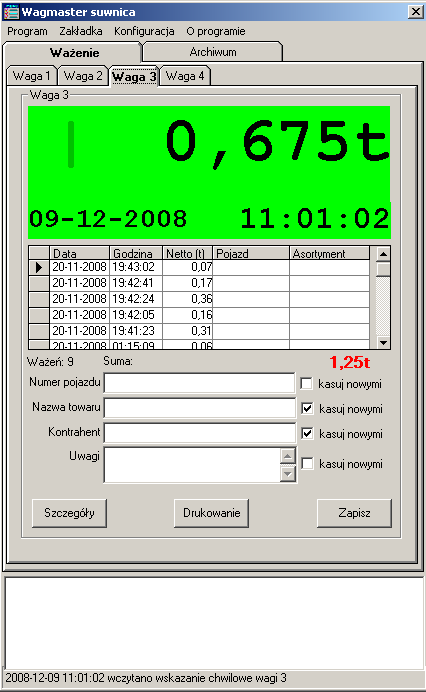 Ważenie Rys. 1. Ekran Ważenie. Zakładka Ważenie pozwala odczytać wartość chwilową na wadze, wynik ważenia, uzupełnić dane zapisywanego ważenia, wydrukować i zapisać dane.