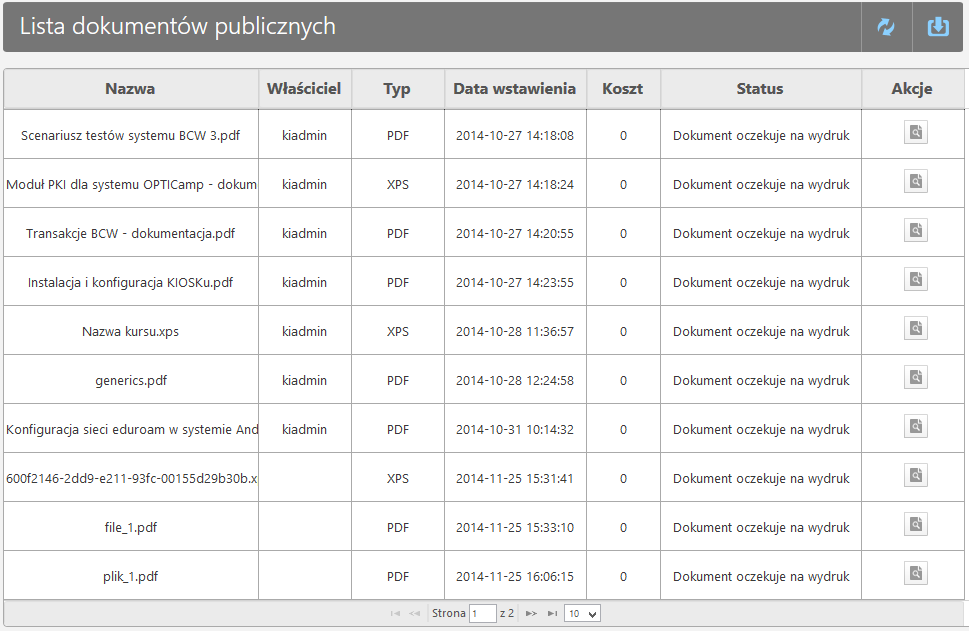 Dolna część tabeli pozwala na nawigację po jej zasobach Rys 33. Panel nawigacyjny tabeli 6.2. Dokumenty publiczne Dokumenty publiczne są dokumentami dostępnymi dla wszystkich użytkowników systemu.