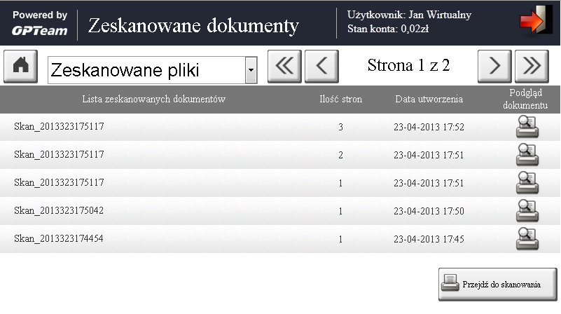 9.3. Skanowanie Po wciśnięciu przycisku SKAN zeskanowanych plików wyświetlany jest Główny Ekran Skanowania z listą Rys 54.