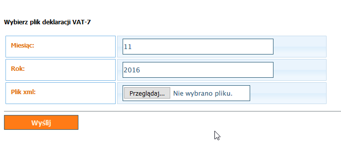 Przykład 27 Po wybraniu opcji Import wyświetlony zostaje ekran z możliwością załadowania pliku xml z deklaracją VAT oraz polami do ustalenia miesiąca i roku importowanego dokumentu (patrz Przykład