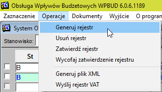 b) Operacje Generuj rejestr- umożliwia wygenerowanie rejestru VAT za dany parametrami okres Usuń rejestr- usuwa wygenerowany rejestr VAT Zatwierdź rejestr zatwierdza wygenerowany rejestr VAT (zmienia