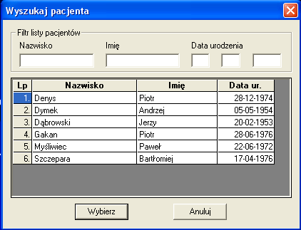 Rys. 38. Wyszukiwanie pacjenta. Możemy wyszukiwać pacjentów po nazwisku, imieniu oraz dacie urodzenia.