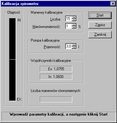 20. Kalibracja spirometru Kalibrację spirometru wykonuje się za pomocą okna dialogowego Kalibracja spirometru ( Rys. 47) dostępnego po wybraniu polecenia Kalibruj spirometr (menu Narzędzia).