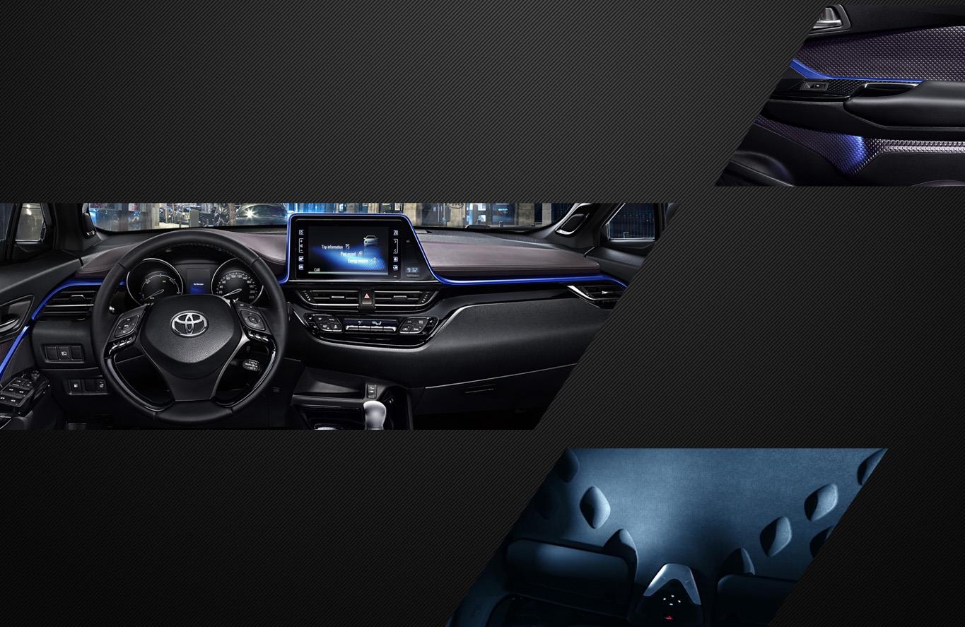 Spis treści > Sekrety Toyoty C-HR > Wnętrze Wyrafinowane wnętrze Projekt wnętrza reprezentuje filozofię 'Sensual Tech' która wyraża tworzenie funkcjonalnych i spójnych stylistycznie wnętrz.