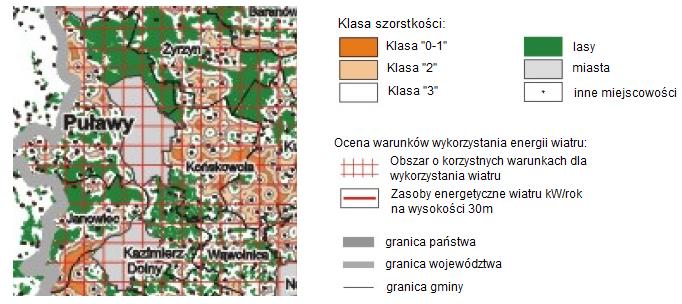 Rysunek VI.4. Średnia prędkość wiatru na wysokości 30 m [m/s] Źródło:Tymiński (1997) Jak wynika z powyższej mapy miasto Puławy znajduje się w obszarze wiatrów o średniej prędkości 4-4,5 [m/s].