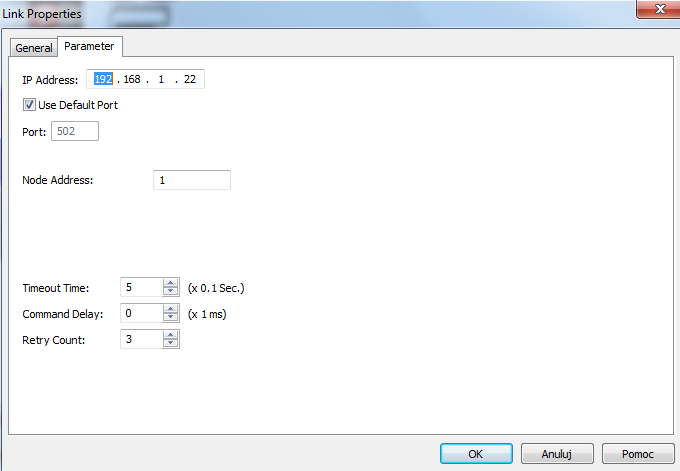 W zakładce Parameter wpisujemy adres IP sterownika, Node Address ustawiamy na 1, możemy również skonfigurować