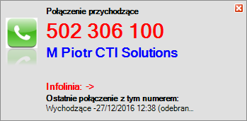 Naso CC Agent połaczenie przychodzące Konfigurowanie działania przy dzwonieniu: Wyskakujące okienko Naso CC z pełną informacją Dymek z