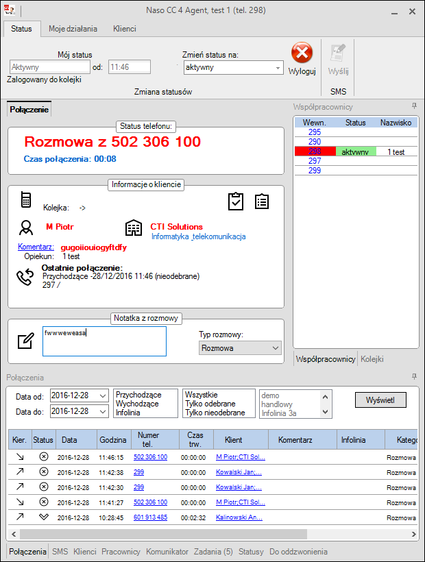 Naso CC Agent rozmowa telefoniczna Historia połączeń klienta Status telefonu Czas rozmowy