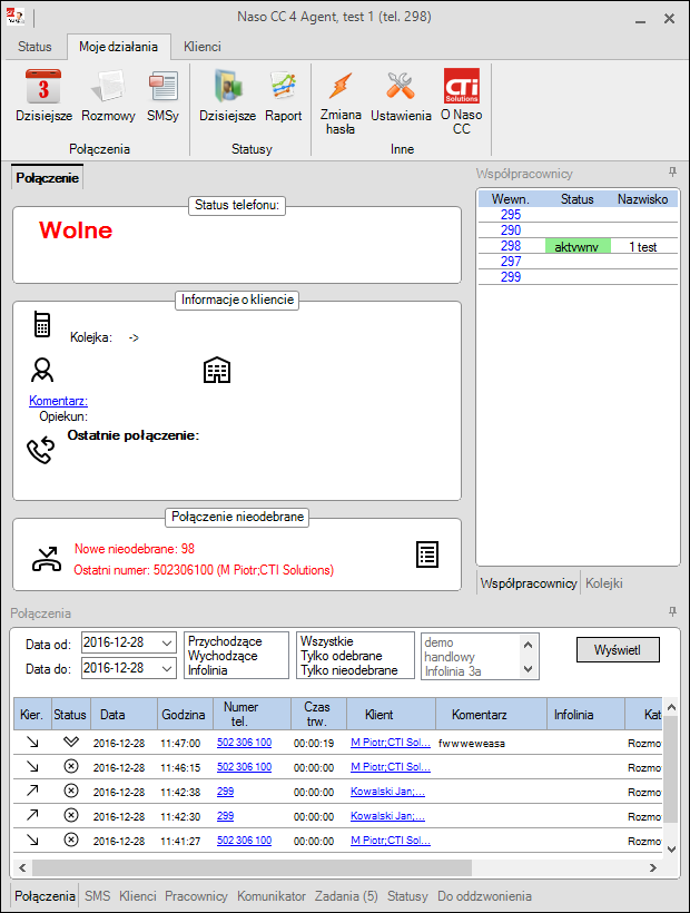 Naso CC Agent historia połączeń Przeglądanie połączeń Historia zmian statusów Z dzisiejszego dnia Połączenia nieodebrane