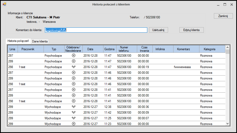 Naso CC Agent clients database Edycja komentarza do klienta Edycja