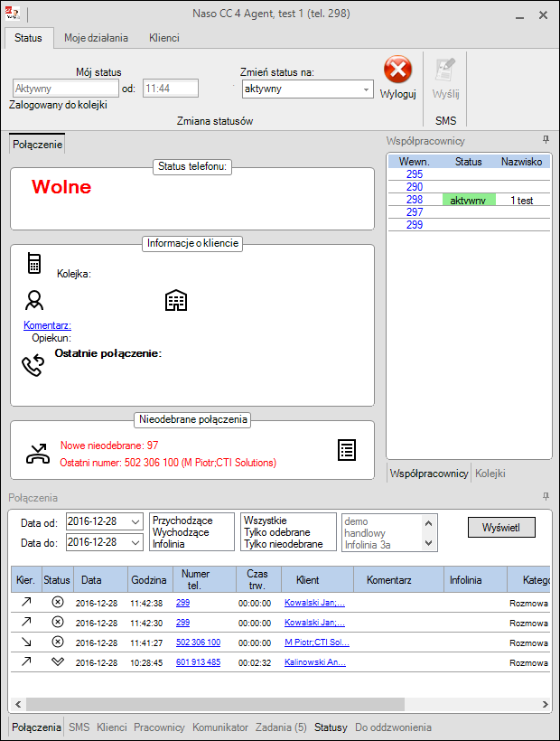 Naso CC Agent Zmiana statusu agenta Wbudowany softphone (opcja) Status telefonu, czas