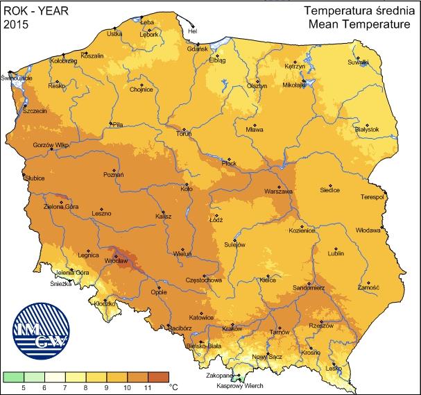 Rys. 1. Średnie miesięczne temperatury na stacjach meteorologicznych woj. lubelskiego w 2015 r. (źródło: IMGW) Mapa 1. Średnia roczna temperatura w Polsce w 2015 r.