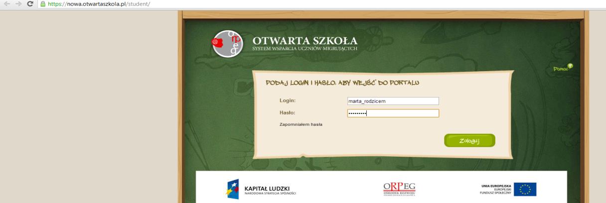 Aby uzyskać dostęp do platformy logują się podając login i hasło otrzymane od pomocy technicznej ORPEG (helpdesk@orpeg.pl). Po zalogowaniu dostępne są dla rodziców m. in.