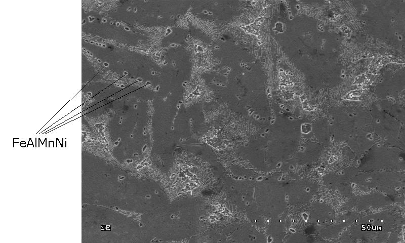 f) Rys. 7. Mikrostruktura z analizowanym odcinkiem (a) liniowego rozkładu Cu (b), Al (c), Ni (d), Fe (e) i Mn (f) w brązie rafinowanym 0,1% Be Fig. 7. The microstructure with analyzed interval (a) of linear distribution of Cu (b), Al (c), Ni (d), Fe (e) and Mn (f) in bronze refining 0,1% Be Rys.