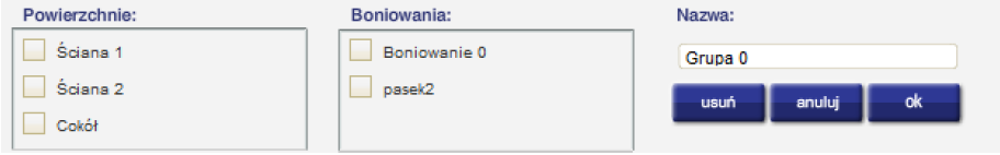 Dodanie nowej grupy lub wskazanie istniejącej uruchomi menu grupy: W tym menu użytkownik widzi wszystkie zdefiniowane w projekcie powierzchnie kolorystyczne i boniowania.