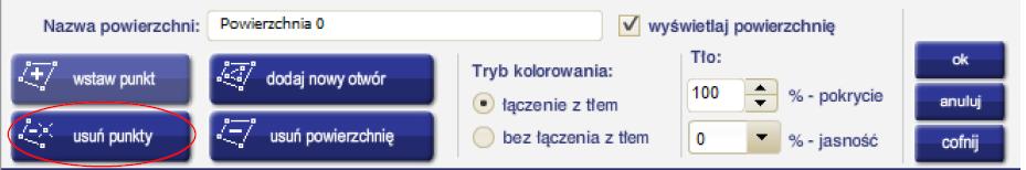 Program ma dwa dodatkowe tryby edycji punktów ograniczających powierzchnię. Pierwszy tryb, który jest domyślnie aktywny, umożliwia wstawianie punktów pomiędzy istniejące.
