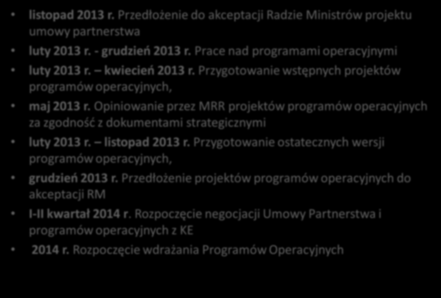 Harmonogram Prac listopad 2013 r. Przedłożenie do akceptacji Radzie Ministrów projektu umowy partnerstwa luty 2013 r. - grudzień 2013 r. Prace nad programami operacyjnymi luty 2013 r. kwiecień 2013 r.