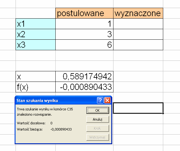 W celu otrzymania wartości dokładnej poszukiwanej zmiennej x użyjemy opcji menu Narzędzia/Szukaj wyniku.