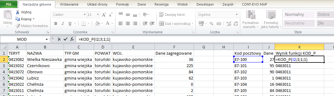 Podłączanie danych z wykorzystaniem funkcji KOD_P: Załóżmy, że użytkownik posiada dane dotyczące powiatu toruńskiego, wg danych opartych o kody pocztowe, które chciałby pokazać na mapie gmin