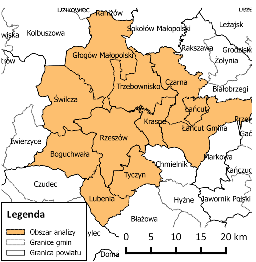 2. ZAKRES PRZESTRZENNY STUDIUM Obszar badań Studium (Ryc. 1) zgodnie z opisem zamówienia obejmuje 11 gmin Rzeszowskiego Obszaru Funkcjonalnego: Boguchwała, Czarna, Głogów Małopolski, Krasne, gm.