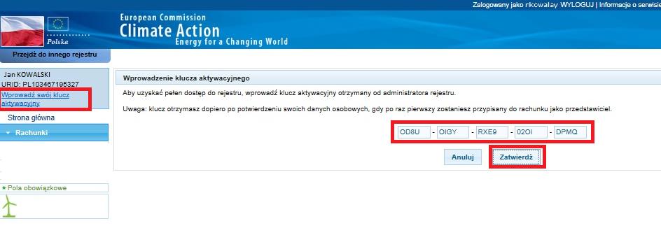 3.1.4 Wprowadzenie klucza aktywacyjnego Po pozytywnym rozpatrzeniu Państwa wniosku przez administratora Rejestru, otrzymają Państwo listownie klucz aktywacyjny (np.