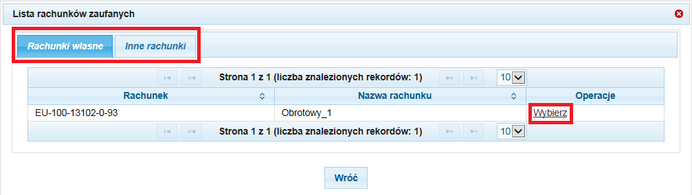 W nowym oknie należy wybrać rachunek z Listy rachunków zaufanych (1) lub w przypadku rachunków obrotowych wprowadzić numer rachunku bezpośrednio w polu formularza, uzupełnić pole Liczba