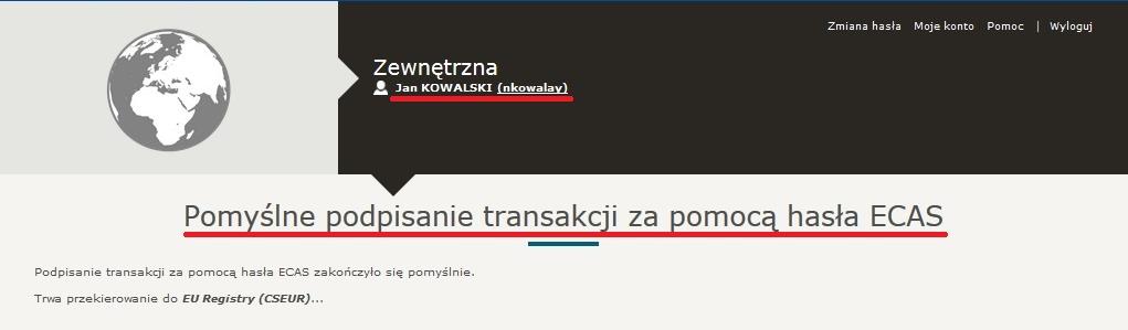 Użytkownik zostanie automatycznie przekierowany na stronę EU Login w celu podpisania transferu