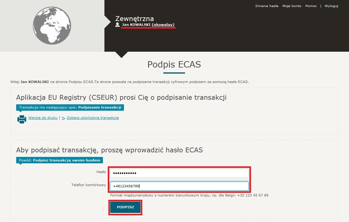 W kolejnym kroku użytkownik zostanie automatycznie przekierowany na stronę EU Login w celu podpisania transferu