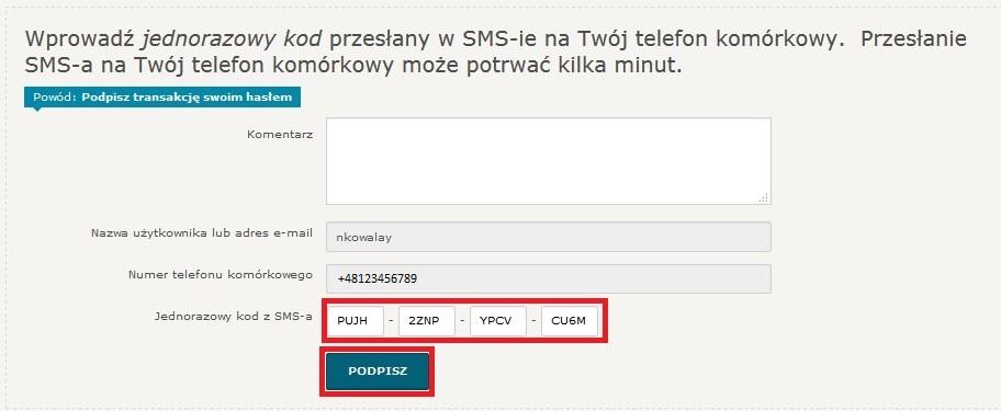 Transakcję zamiany należy potwierdzić na stronie systemu EU Login swoim poufnym hasłem oraz podać numer telefonu komórkowego, zarejestrowany w systemie, na który zostanie przesłana wiadomość SMS z