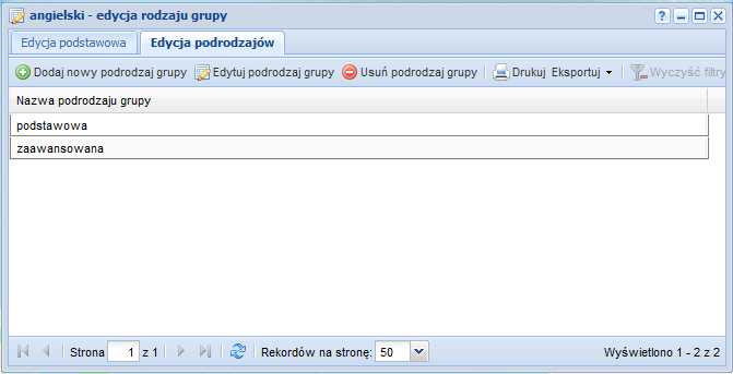 Grupy Grupy w systemie umożliwiają podział oddziału. Do zdefiniowanych w poniższym oknie rodzajów grup, będzie można w kolejnych krokach przypisać uczniów z poziomu oddziału.