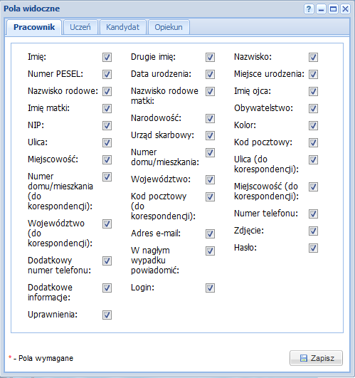 Pola widoczne Okno posiada zestaw pól dotyczących nauczyciela, ucznia, kandydata i opiekuna, gdzie administrator danej szkoły może ustalić, które z