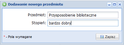 Przedmioty Zakładka ta pozwala nam podejrzeć przedmioty wraz z ocenami, które będą wyświetlone na świadectwie ucznia. Możemy również dodać nowy przedmiot ręcznie.