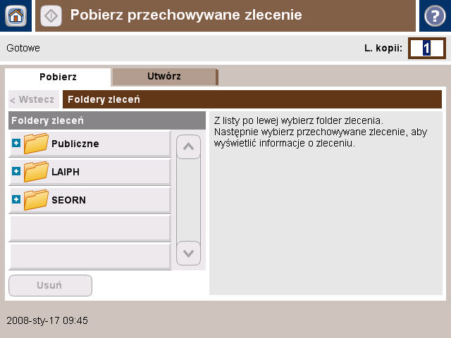 Pobieranie przechowywanych zleceń 1 Na ekranie głównym, dotknij Przechowywanie zadań, aby otworzyć funkcjęprzechowywanie zadań. Wybierz kartę Pobieranie.