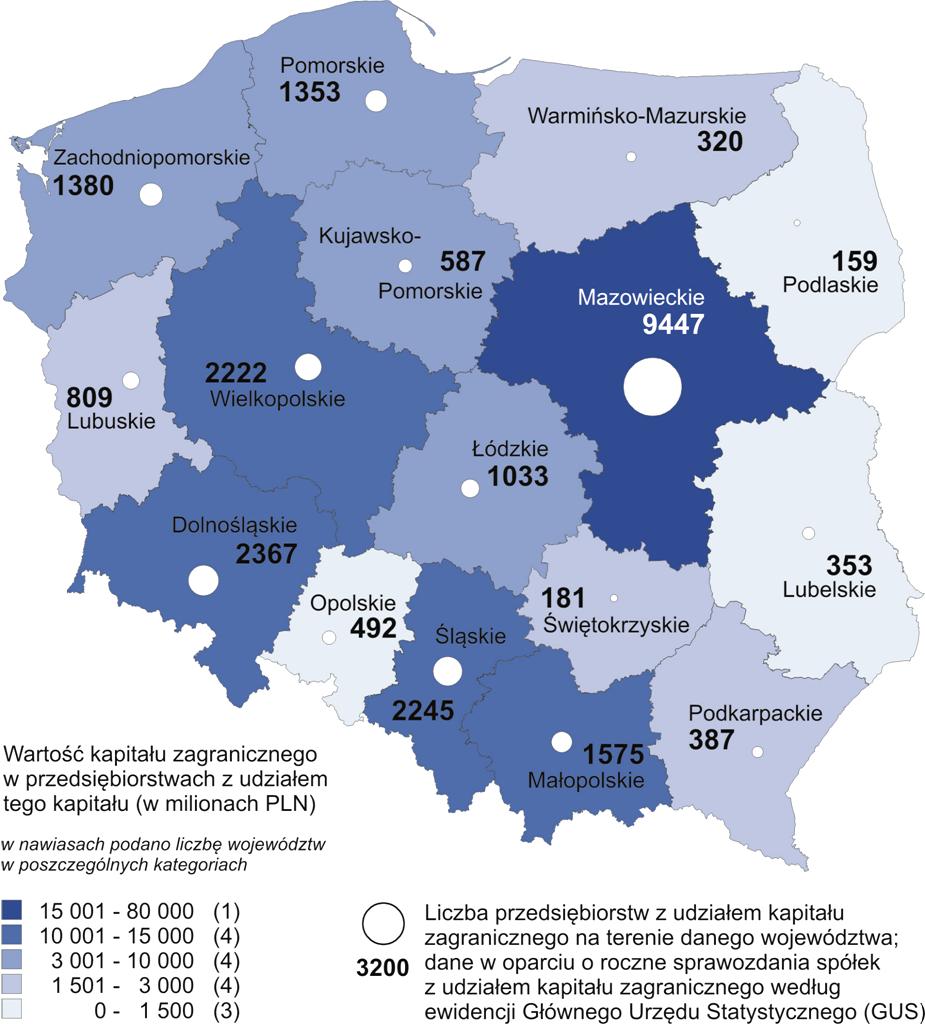 Liczba przedsiębiorstw z udziałem kapitału zagranicznego i natężenie tego kapitału w Polsce w podziale na województwa (stan na koniec 2011 roku)