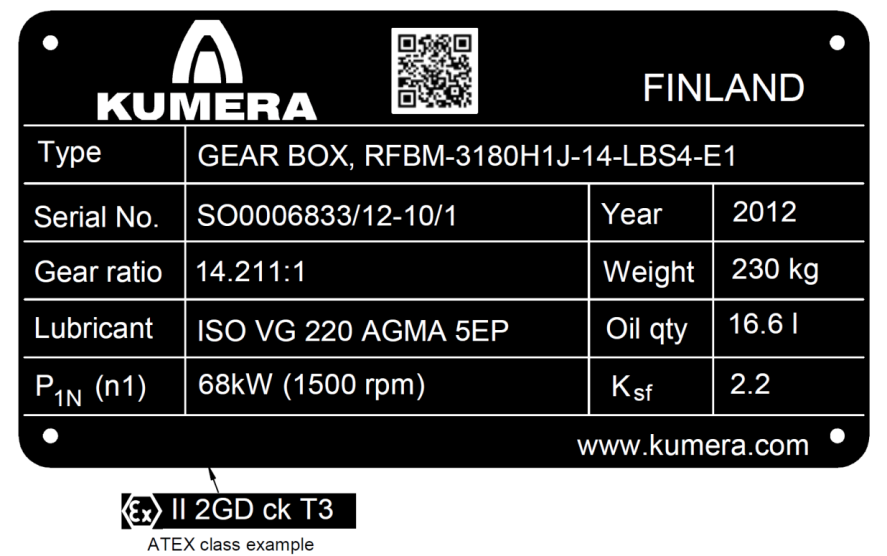 2 Informacje techniczne 2.1 Tabliczka znamionowa Podczas pakowania tabliczki znamionowe umieszczanie są na wszystkich wyprodukowanych przekładniach.