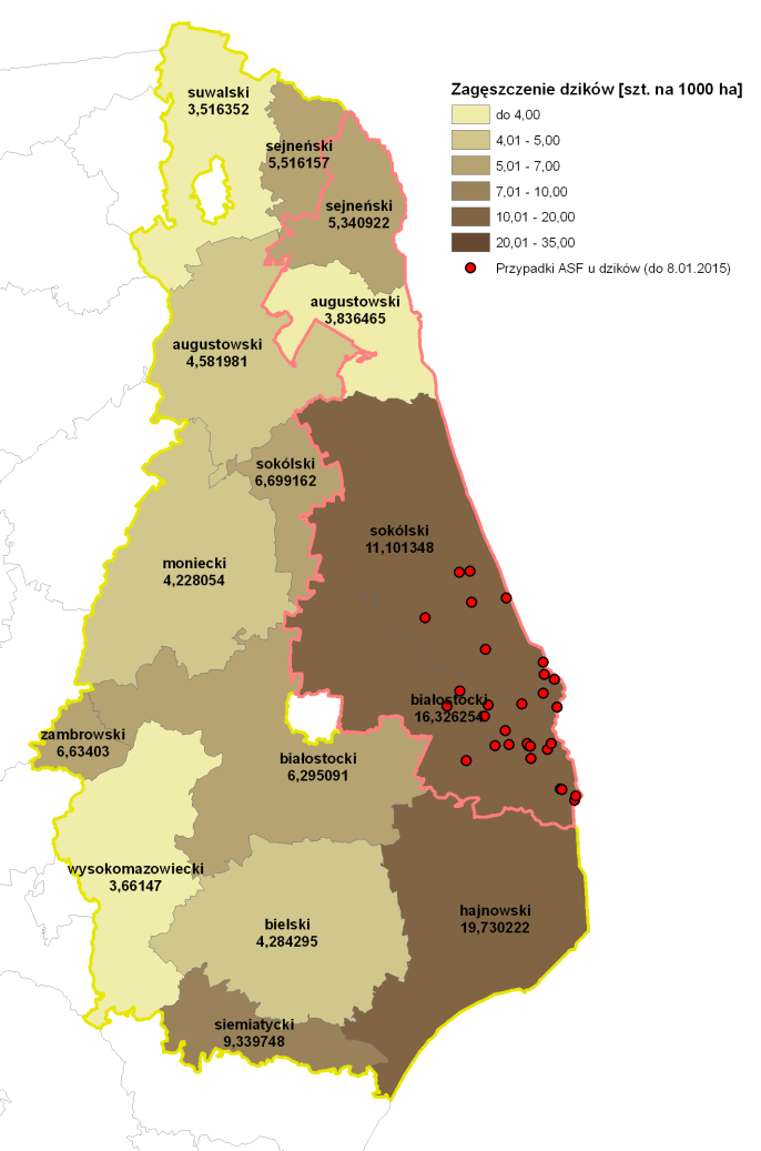 Zagęszczenie populacji dzików w regionie występowania ASF wg powiatów, z uwzględnieniem granicy stref wg nadleśnictw Zagęszczenie