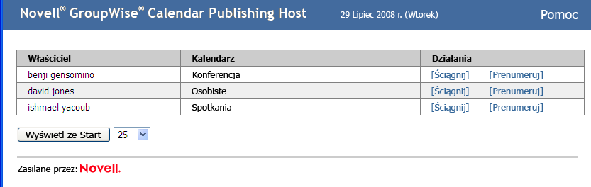 Web Calendar Publishing Host Lista przeglądania Zostanie wyświetlona lista nazw użytkowników i kalendarzy.